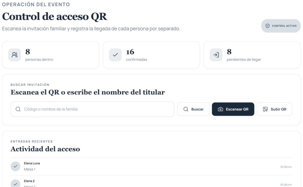 Control de acceso real con búsqueda de invitados, escaneo QR y registro de entradas