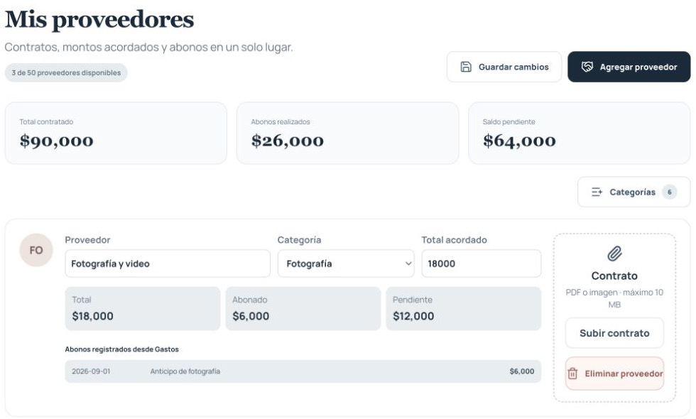 Panel real de proveedores con total contratado, abonos, saldo pendiente y carga de contrato